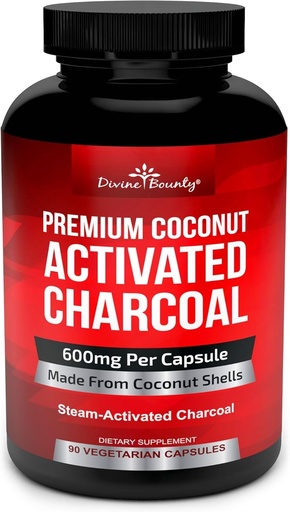 [BRSWGYYHDF6BG3A3] Divine Bounty Organic Activated Charcolio Capsules - 600 mg kokoso anglies pilnos - 90 Veggie Caps