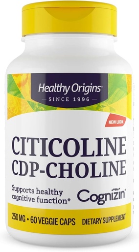 [BRSWIYYMCBYREADY] Orígenes saludables Cognizin (Citicoline), 250 mg - Suplemento cerebral para la memoria con citicolina CDP Choline - Suplemento libre de gluten y vegano - 60 cápsulas vegetales