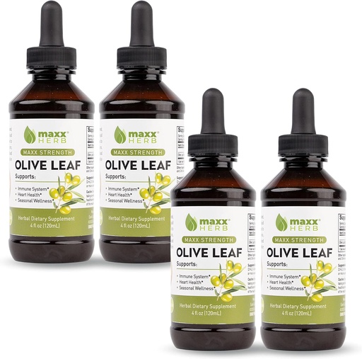[BRSWY2T5A4AWME3J] Maxx Herb Olive Leaf Extract – Max Strength Oleuropein Absorbes liquides mieux que des capsules ou du thé, pour le soutien immunitaire, la santé cardiaque et le bien-être saisonnier - 4 bouteilles, 4 oz chacune (240 portions)