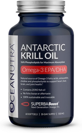 [BRSROFDQOENREHY6] Wild Caught Antarctic Krill Oil 500MG, 60 Softgels, SuperbaBoost Omega 3 Supplement, EPA & DHA, Astaxanthin, Choline, 56% Phospholipids, Sustainable, Traceable, No Fish Oil, Vanilla Flavor