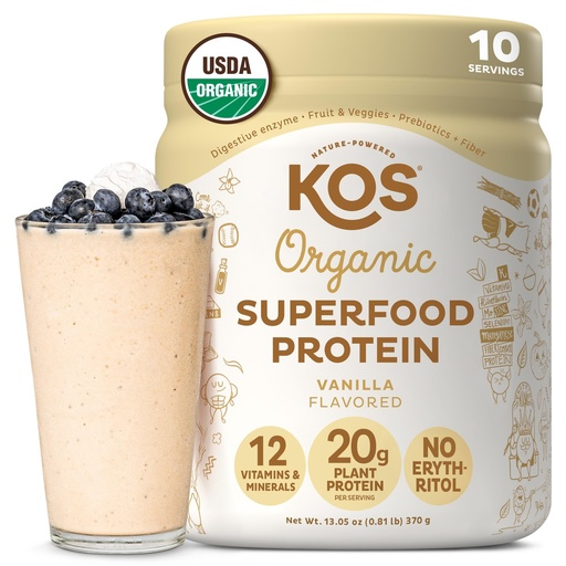 [BRSWYAD6CQHAKGTH] KOS Plant Based Protein Powder, Vanilla USDA Organic - Low Carb Pea Protein Blend, Vegan Superfood Rich in Vitamins & Minerals - Keto, Soy, Dairy Free - Meal Replacement for Women & Men - 10 Servings
