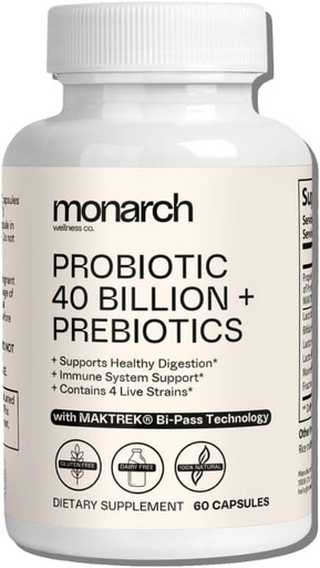 [BRSRA2YFCB6AO2D6] Probiotic 40 Billion + Prebiotics: 4 Diverse Strains - Digestive & Gut Health (60 Capsules) - Probiotics For Women & Men - Natural | Gut Health & Immune Support Supplement | Provides Digestive Support