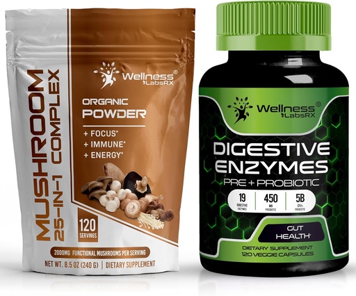 [BRSRAAY7AQMA2F3X] WELLNESS LABSRX Mushroom Powder 2000mg - Digestive Enzymes with Probiotics and Prebiotics