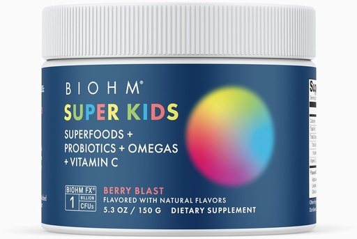 [BRSW2HD6C4MAOCYZ] BIOHM Super Kids Superfood Powder Plus probiotics, (5.3 Oz, 30 szervings) Finom Berry Blast, Antioxidánsok, Omega 3 & C-vitamin, Non-GMO, Tejmentes, Mesterséges összetevők nélkül, Vegetáriánus, Korok 4 +