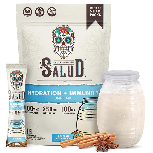 [BRSRMCTYOQPQKD3X] Salud 2-in-1 Hydration Packets + Immunity Electrolytes Powder, Horchata - Agua Fresca Drink Mix, Elderberry, Dairy & Soy Free, Non-GMO, Gluten Free, Vegan, Low Calorie, 1g Sugar (15 Servings)