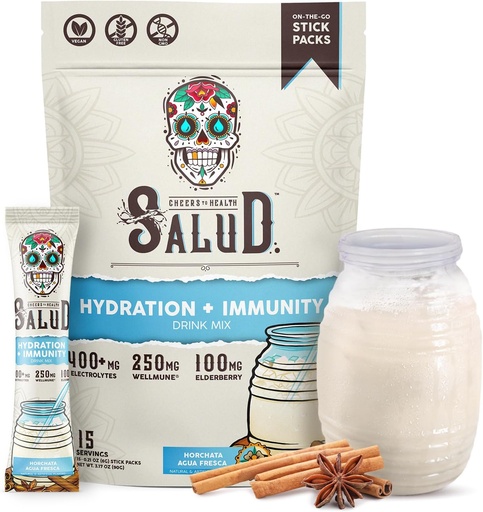[BRSRMCTYOQPQKD3X] Salud 2-in-1 hydrotion Packets + Immunity Electrolytes אבקת, Horchata - Agua Fresca Drink, Elderberry, חלב ו Soy חינם, non-GMO, Gluten Free, טבעוני, Low Calorie, 1g Sugar (15 משרתים)