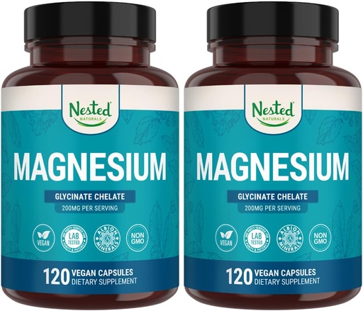 [BRSROCYDAQIWGADU] Nested Naturals Magnesium Glycinate Chelate - 200mg Chelated Magnesium Supplement för muskelkramper, avkoppling och sömnstöd - 100% Albion TRACCS Buffered Magnesium Glycinate - 240 Vegan kapslar