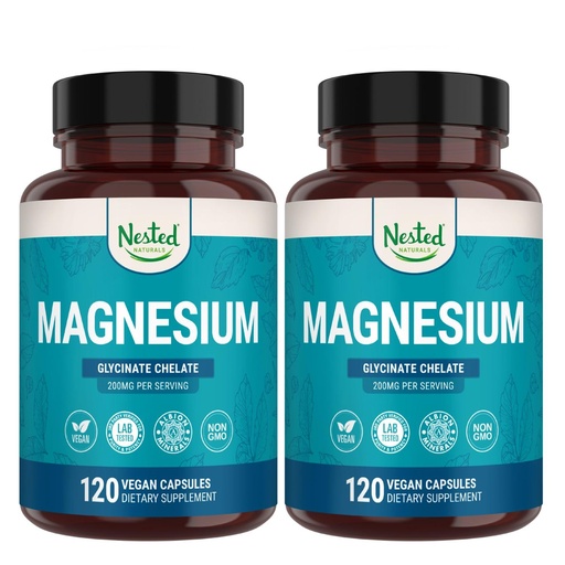 [BRSROCYDAQIWGADU] Nested Naturals Magnesium Glycinate Chelate - 200mg Chelated Magnesium Supplement for Muscle Cramps, Relaxation, & Sleep Support - 100% Albion TRACCS Buffered Magnesium Glycinate - 240 Vegan Capsules
