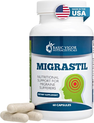 [BRSWIGAKAYOREAA7] Basic Vigor Migrastil Migraine Support Capsules. Feverfew, Magnesium, Taurine & Vitamin B1 for Migraines Natural Supplement. Made in The USA. Vegan and Gluten Free.