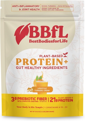 [BRSW2HACBV6QI3IZ] BBfL Plant-Based Protein Shake – 21g Vegan Protein, Turmeric + Curcumin 95 + Ceylon Cinnamon, Prebiotics, Digestive Enzymes, Supports Inflammatory Response – All-in-One Shake (15 Servings, Turmeric Cream)