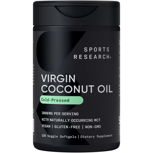 [BRSWIGAOAZ4Q42DG] Sports Research® Organic Coconut Oil Capsules 3000MG - Cold Pressed Extra Virgin Coconut Oil with Medium Chain Triglycerides (MCTs) - Vegan Friendly & Non-GMO Verified - 120 Softgels