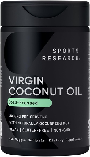 [BRSWIGAOAZ4Q42DG] Sports Research® Organic Coconut Oil Capsules 3000MG - Cold Pressed Extra Virgin Coconut Oil with Medium Chain Triglycerides (MCTs) - Vegan Friendly & Non-GMO Verified - 120 Softgels