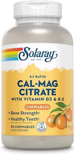 [BRSWKFI5CMIWCETK] Solaray Cal-Mag Citrate Plus D-3 & K-2 Orange Chewables | 90 Count