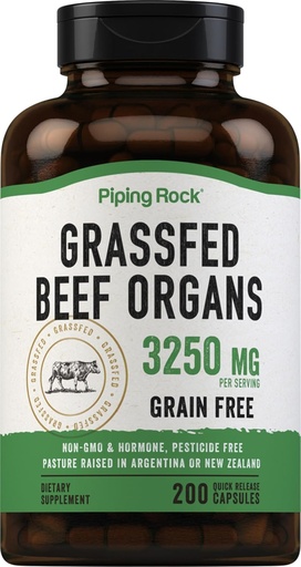 [BRSW2CAFCAIGCYA6] Piping Rock Grass Fed Beef Organs  3250 mg peru 200 Capsules ← Liver, Kidney, Pancreas, Heart, Spleen Supplement ← Non-GMO, Gluten Free