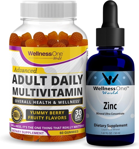[BRSROGQ2BMIQOHLU] WellnessOne Liquid Zinc & Adult Multivitamin Gummy - Comprehensive Wellness Bundle for Energy, Immune, Skin, & Brain Health - 1.67 fl oz Zinc Drops & 60 Mix Berry Flavored Adult Gummy Multivitamins