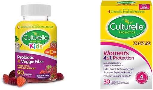 [BRSROCYOPMIWCHIV] Culturelle Daily Probiotic pour les enfants + Gommies de fibre végétative (Age 3+) - 60 Compte - Digestion de la santé et des femmes - Suppléments probiotiques quotidiens 4-en-1 pour les femmes - Soutient la santé vaginale
