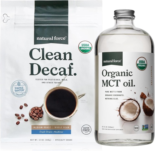 [BRSWYHT2DEHWK2D2] Natural Force Organic Clean Decaf Coffee + Organic MCT Oil Bundle – 100% Pure Coconut MCTs & Mold & Mycotoxin Free Coffee – Non-GMO, Keto, Paleo, and Vegan - 12 Oz and 32 Oz