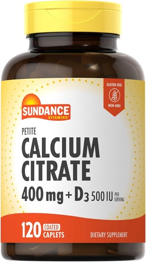 [BRSROCD5A4PGG2T3] Sundance Calcium Citrate with Vitamin D3 | 400 mg | 120 Caplets | Petite | Vegetarian, Non-GMO & Gluten Free Supplement
