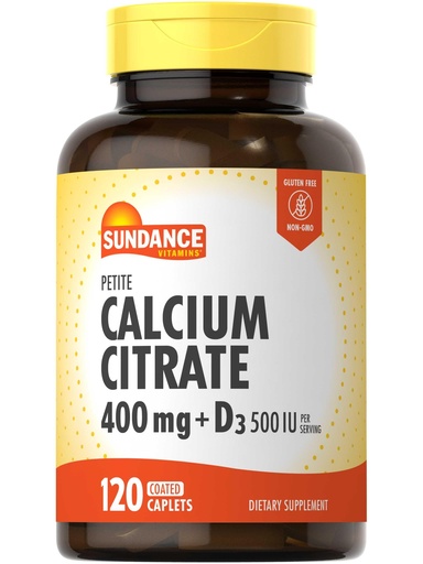 [BRSROCD5A4PGG2T3] Sundance Calcium Citrate with Vitamin D3 | 400 mg | 120 Caplets | Petite | Vegetarian, Non-GMO & Gluten Free Supplement