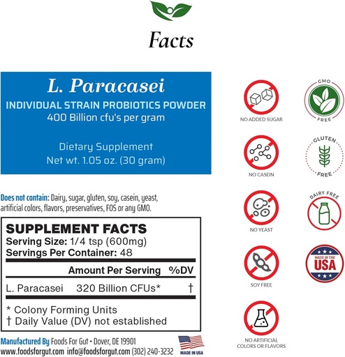 [BRSW2YYPOAFRU2AV] Lactobacillus Paracasei Probiotic Powder 400 Billion cfu's | Made in USA | No Additives | Direct from Manufacturer | No Third-Party Storage | Supporto immunitario | L. Paracasei | 30 Grammi (1.05 Oz)