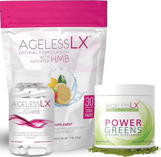 [BRSW2CANCQGQYC3Z] AgelessLX Biotin Supplement Capsules, Strawberry Lemonade & Power Greens Powder Bundle - Anti Aging Supplements