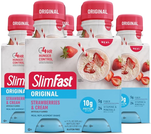[BRSW2A34AEMQYD33] SlimFast Meal Replacement Shake, Original Strawberries & Cream, 10g of Ready to Drink Protein for Weight Loss, 11 Fl. Oz Bottle, 4 Count (Pack of 3) (Packaging May Vary)
