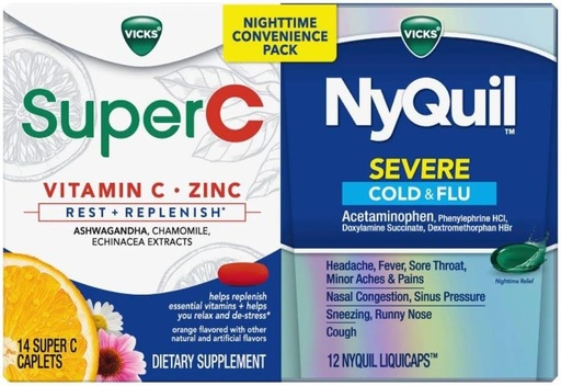 [BRSW2HAPOYPB6YI3] Vicks NyQuil and Super C Convenience Pack: NyQuil Severe Medicine for Max Strength Cold and Flu Relief, Conveniently Packaged with Vicks Super C Rest and Replenish Daily Supplement, 26ct