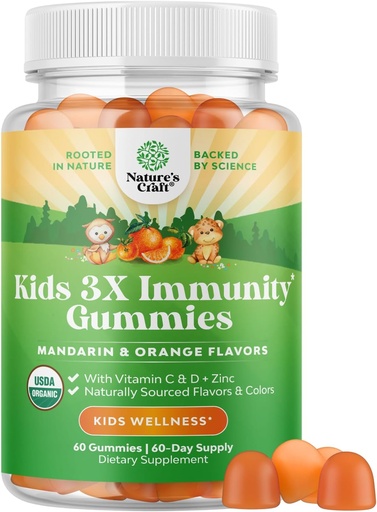 [BRSROFDQBUFWGFIV] Natures Craft Organic Kids Immune Support Gummies - Vegan Organic Vitamin D Gummies for Kids with Vitamin C and Zinc for Immunity - D3 Zinc and C Gluten Free & Non GMO (60 Servings)