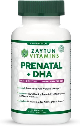 [BRSWYFIFOEFB43Y4] Halal Prenatal Vitamin + DHA, Folic Acid Iron, Ginger for Soothing, One Daily, for All Pregnancy Stages, Gluten Free, Non-GMO, 60 Softgels, 2 MonthSupply, USA Made, Halal Vitamin