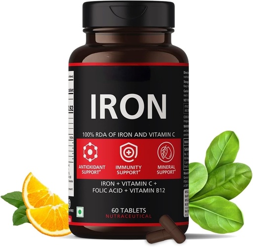 [BRSROAYQA4AWOE3O] Iron Supplement for Women & Men with Vitamin C, Folic Acid & Vitamin B12 - Iron Tablets Help Support Energy - 60 Veg Tablets