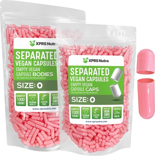 [BRSROFATBB7BUC3H] XPRS Nutra Vegan Size 0 Separated Capsules - 1000 Count Premium Empty Capsules Separated in Bags - 0 Pills for DIY Supplement Filling (Pink)