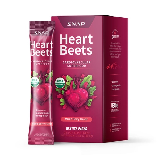 [BRSROGIODMNQ2DT6] Snap Supplements Heart Beets Stick Packs, Organic Beet Root Powder Drink Mix, Cardiovascular Support for Men & Women, Beets, Pomegranate & Red Spinach, Nitric Oxide Booster, Mixed Berry, 10 Servings