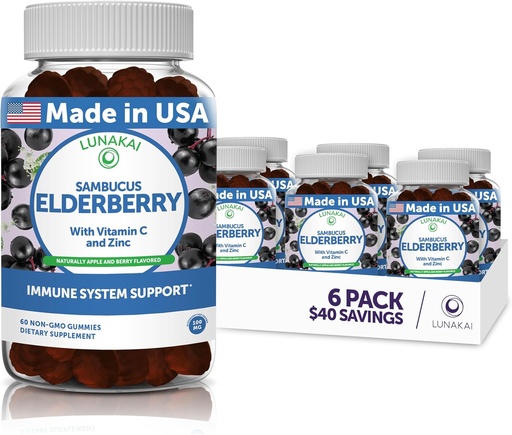 [BRSRMBAKOJ5BAHT7] Lunakai Sambucus Elderberry Gummies com Zinco e Vitamina C para Adultos e Crianças - 100mg Black Elderberry Vitaminas Imune Suporte Suplemento - Vegan, Não-GMO, Sem xarope de milho - 6 Pack