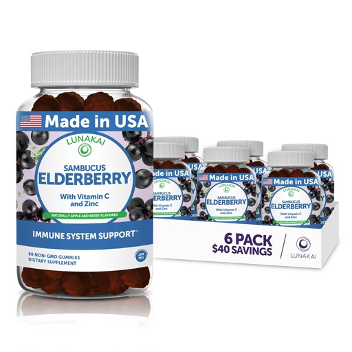 [BRSRMBAKOJ5BAHT7] Lunakai Sambucus Elderberry Gummies with Zinc & Vitamin C for Adults & Kids - 100mg Black Elderberry Vitamins Immune Support Supplement - Vegan, Non-GMO, No Corn Syrup - 6 Pack