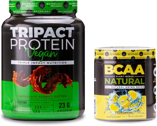 [BRSRAZYTCBYG23IU] Nutrology TRIPACT Vegan Protein Powder, Vegan Protein Shakes, Chocolate Peanut Butter (20 zerbitzatu) BCAA Natural, Landareetan oinarritutako BCAA Hautsa, Lemonade Flavor (30 zerbitzatu)