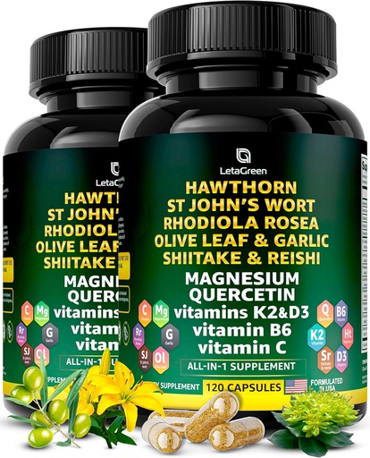 [BRSROAINDIPAE3TB] Organic Hawthorn Berry Capsules - Hawthorn Berry with St Johns Wort Rhodiola Rosea Olive Leaf Shiitake Reishi Mushroom Quercetin &quot; Vitamin C, D3, K2, B6 &quot; Magnesium (240 count)