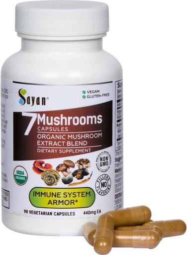 [BRSWYZY6DINQOHQ2] Sayan 7 Mushroom Extract 90 Capsules/440mg ea – Immune Support & Energy – Organic Chaga, Reishi, Lion's Mane, Maitake, Shiitake, Turkey Tail Adaptogen Blend – Vegan, Non-GMO, No Fillers or Additives