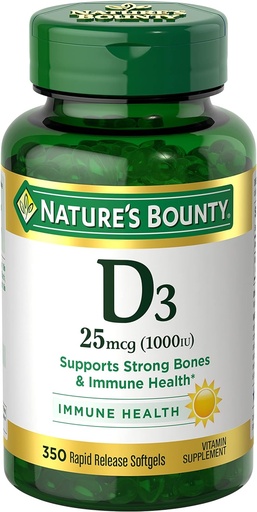 [BRSWIZQDBRYG2DLK] Bounty Vitamin D3 1000 IU Softgels, Immune Support, promueve los huesos saludables, 1 Softgel por día, Gluten Free, 350 Conde