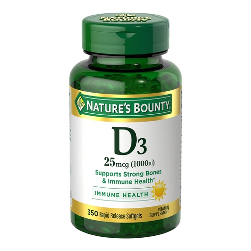 [BRSWIZQDBRYG2DLK] Nature's Bounty Vitamin D3 1000 IU Softgels, Immune Support, Promotes Healthy Bones, 1 Softgel per Day, Gluten Free, 350 Count