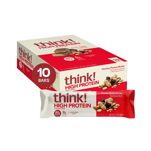 [BRSWIYQKCEAQKFY5] think! Protein Bars, High Protein Snacks, Gluten Free, Kosher Friendly, Chunky Peanut Butter, Nutrition Bars, 2.1 Oz per Bar, 10 Count (Packaging May Vary)
