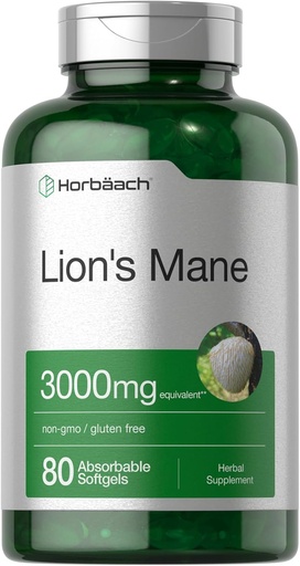 [BRSRA235CEOQ4HT7] Horbäach Lions Mane Supplement | 3000mg | 80 Absorbable Softgels | Non-GMO & Gluten Free Erauzi