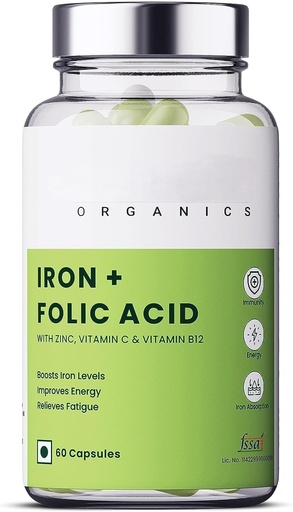 [BRSROAYQAEIWYDTO] Iron + Folic Acid Supplement with Zinc, Vitamin C & Vitamin B12 | 60 Veg Capsules | Supports,Immunity and Energy | Enhances Iron Absorption| for Both Men & Women