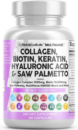 [BRSRMYIOAEBR4HT2] Clean Nutraceuticals Collagen Pills 1000mg Biotin 10000mcg Keratin Saw Palmetto Hyaluronic Acid - Hair Skin & Nails Vitamins & DHT Blocker with Vitamin E Folic Acid Pumpkin Seed MSM - 90 Count