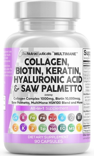 [BRSRMYIOAEBR4HT2] Clean Nutraceuticals Collagen Pills 1000mg Biotin 10000mcg Keratin Saw Palmetto Hyaluronic Acid - Hair Skin & Nails Vitamins & DHT Blocker with Vitamin E Folic Acid Pumpkin Seed MSM - 90 Count