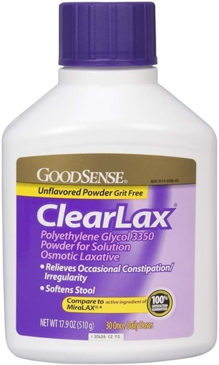 [BRSWIZQIBJYBOFA5] GoodSense ClearLax, Polyetylenglykol 3350 pulver for løsning, osmotisk laxativ, 17,9 Ounce
