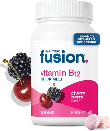 [BRSWIHAZAJ7QGDI5] Bariatrisk Fusion Vitamin B12 Sublingual 1000 mikrog Melt | Cherry Berry Flavored | Vitamin B12 Oppløse Under Tunge Tabletter med Folic Acid | Sukkerfri | Metylkobalamin | 90 Count