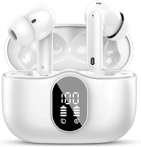 [BRSROCTYCAJQIEI6] Btootos Wireless Earbuds Bluetooth 5.4 Headphones Bass Stereo Ear Buds with Noise Cancelling Mic LED Display in Ear Earphones IP7 Waterproof 36H Playtime for Laptop Pad Phones Sports Workout White