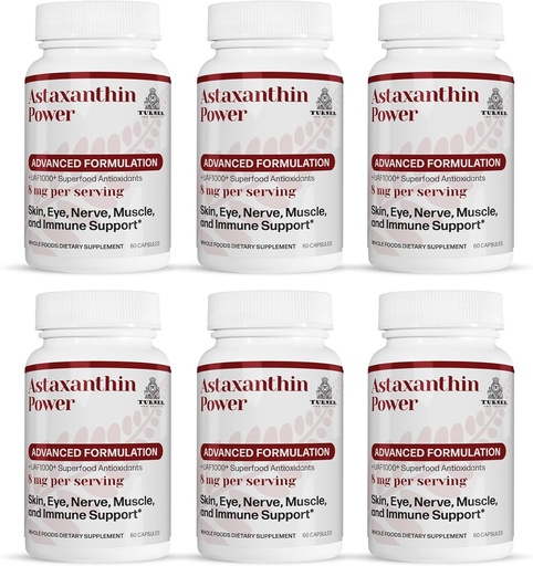 [BRSWYAA3CB4AYDI3] TURNER New Zealand Astaxanthin Power with UAF1000+, Anti-Aging, Skin, Eye, Nerve, Muscle Recovery, Immune Support Antioxidant Supplement, 12mg Astaxanthin, 180 Servings, 6 Bottles