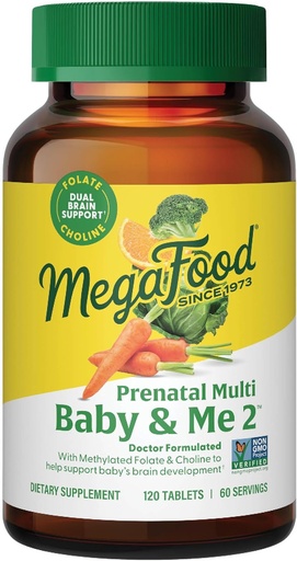 [BRSWKEIYOAGGEELK] MegaFood Baby & Me 2 Prenatal Vitamin and Minerals - Vitamins for Women - with Folate (Folic Acid Natural Form), Choline, Iron, Iodine, and Vitamin C, Vitamin D and more - 120 Tabs (60 Servings)
