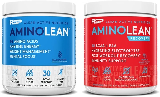 [BRSW2EANBMDQYD34] RSP NUTRITION AminoLean Pre Workout Energy (Blue Raspberry 30 Servings) with AminoLean Recovery Post Workout Boost (Tropical Island Punch 30 Servings)